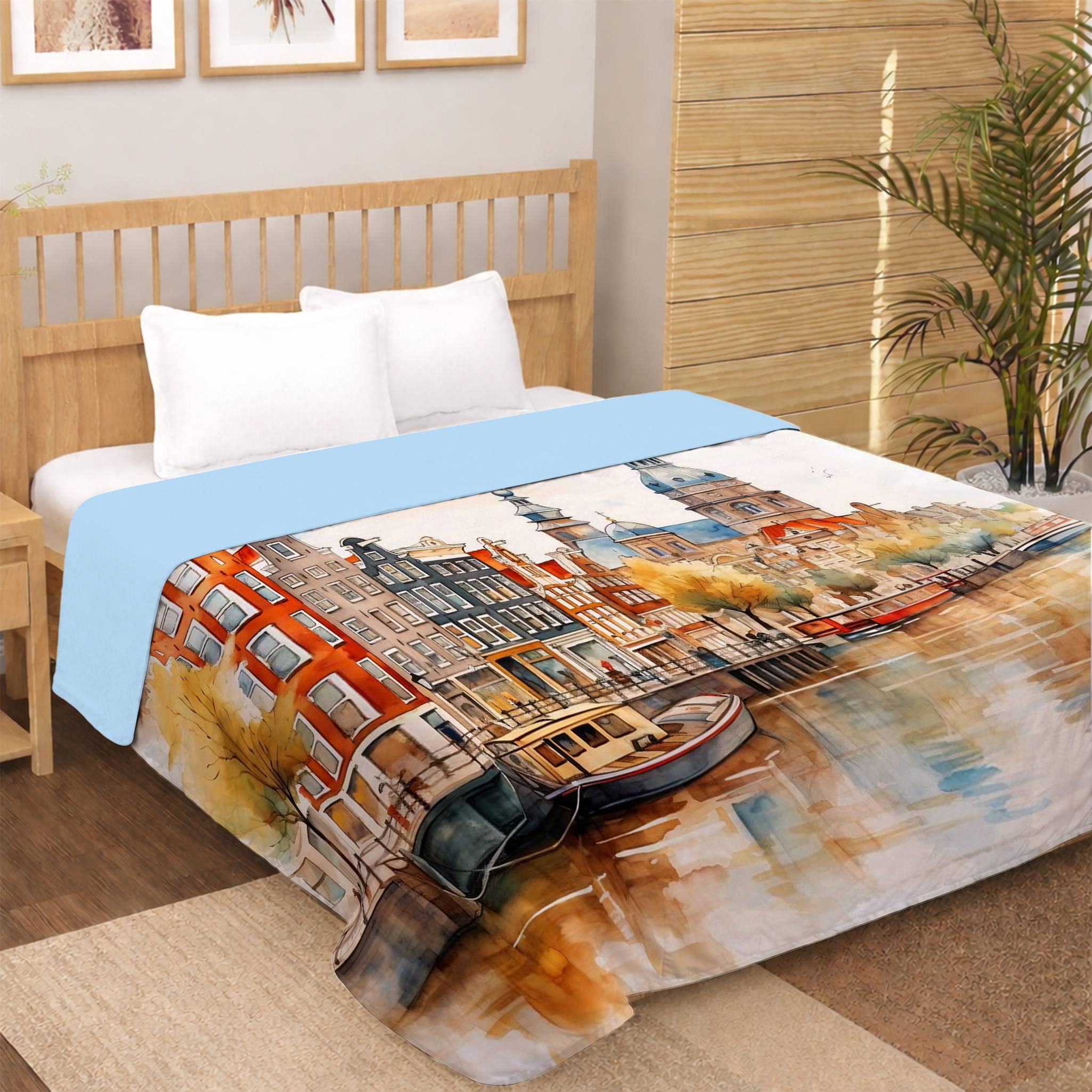 european canal cityscape digital print dohar with colorful buildings and waterfront reflection